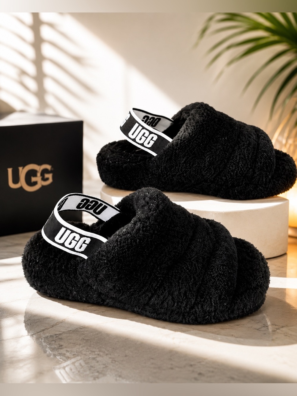 Ugg Fluff Yeah Fuzz Black Slide Open Toe Soft Shoe Slides Sandals Size 8